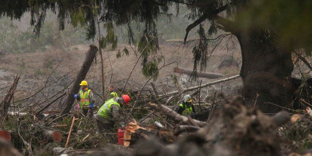 OSO, WA - MARCH 29: Crews work at the Oso mudslide site on March 29, 2014 in Oso, Washington. A massive mudslide on March 22 in Oso, Washington killed at least 25 and left many missing. (Photo by David Ryder/Getty Images)