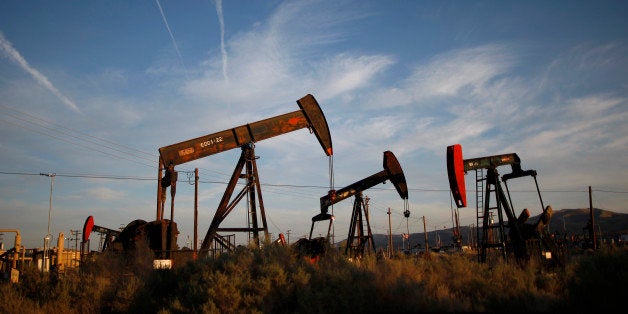 MCKITTRICK, CA - MARCH 23: Pump jacks and wells are seen in an oil field on the Monterey Shale formation where gas and oil extraction using hydraulic fracturing, or fracking, is on the verge of a boom on March 23, 2014 near McKittrick, California. Critics of fracking in California cite concerns over water usage and possible chemical pollution of ground water sources as California farmers are forced to leave unprecedented expanses of fields fallow in one of the worst droughts in California history. Concerns also include the possibility of earthquakes triggered by the fracking process which injects water, sand and various chemicals under high pressure into the ground to break the rock to release oil and gas for extraction though a well. The 800-mile-long San Andreas Fault runs north and south on the western side of the Monterey Formation in the Central Valley and is thought to be the most dangerous fault in the nation. Proponents of the fracking boom saying that the expansion of petroleum extraction is good for the economy and security by developing more domestic energy sources and increasing gas and oil exports. (Photo by David McNew/Getty Images)