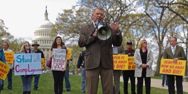 WASHINGTON, DC - APRIL 23: Retired Marine Corps Master Sgt. Jerry Ensminger addresses a rally against the federal government's support for what they say is a known polluter on Capitol Hill April 23, 2014 in Washington, DC. Veterans, their families and environmental and consumer advocates rallied to protest the Department of Justice's support for electronic manufacturer CTS Corporation, the defendant in the U.S. Supreme Court case CTS Corportation v. Waldburger. It was revealed in the 1980s that Camp LeJeune had one of the most contaminated public drinking water supply ever discovered in the United States and now one of the biggest cluster of male breast cancer cases ever identified. Ensminger helped uncover the contamination after his 9-year-old daughter died of leukemia. (Photo by Chip Somodevilla/Getty Images)