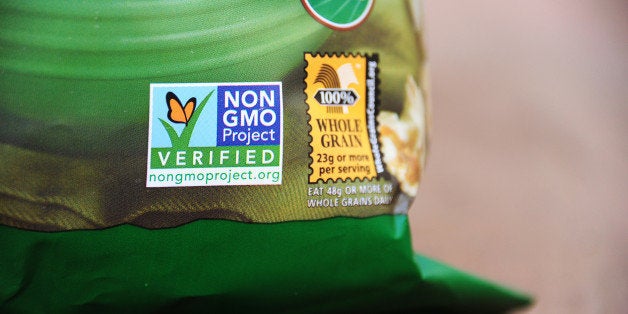 A label on a bag of popcorn indicates it is a non-GMO food product, in Los Angeles, California, October 19, 2012. Californi