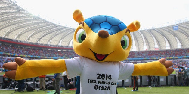 PORTO ALEGRE, BRAZIL - JUNE 25: The World Cup mascot Fuleco ahead of the 2014 FIFA World Cup Brazil Group F match between Nigeria and Argentina at Estadio Beira-Rio on June 25, 2014 in Porto Alegre, Brazil. (Photo by Ronald Martinez/Getty Images)