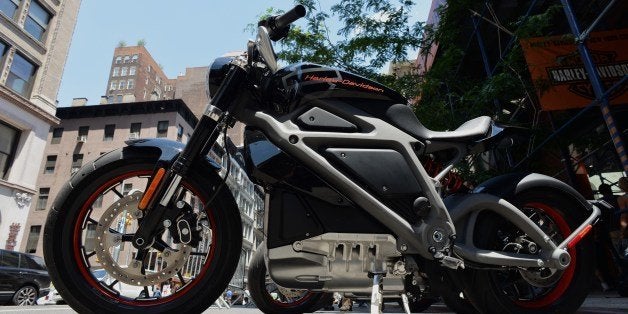 A Harley-Davidson Project LiveWire, the company's first electric motorcycle, during a preview June 23, 2014 outside a Harley-