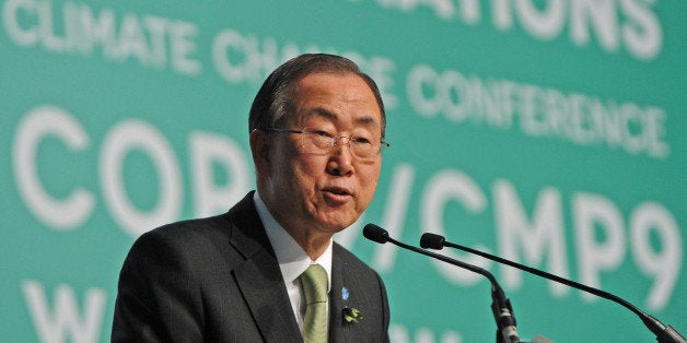 United Nations Secretary General Ban Ki-moon addresses delegates during the opening of the High-level Segment of the UN Climate Conference in Warsaw, Poland, Tuesday, Nov. 19, 2013. (AP Photo/Alik Keplicz)