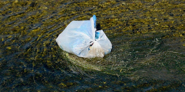 A single-use plastic bag floats along the Los Angeles River in Los Angeles, California, U.S., on Tuesday, June 24, 2014. California grocers, who could realize $1 billion in new revenue from selling paper bags for a dime each, are teaming up with environmentalists on a new push to make California the first state to ban plastic shopping bags. The retail and environmental lobbies, which backed many of 13 failed California bills since 2007 to curb or ban single-use plastic shopping bags, are facing off against manufacturers of both plastic and paper bags who oppose restrictions on the sacks. Photographer: Kevork Djansezian/Bloomberg via Getty Images