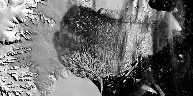 The Larsen B ice shelf, a large floating ice mass on the eastern side of the Antarctic Peninsula, has shattered and separated from the continent In this fourth of four images of the breakup taken March 5, 2002 by NASA's Terra satellite. The ice shelf has existed since the last Ice Age 12,000 years ago collapsed this month with staggering speed during one of the warmest summers on record there, scientists say. The collapsed area was designated Larsen B, and was 650 feet thick and with a surface area of 1,250 square miles, or about the size of Rhode Island.(AP Photo/NASA)