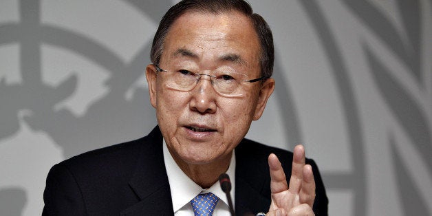 Ban Ki-moon, Secretary-General of the United Nations speaks during a press conference at the UN-City Building in Copenhagen on 23, October 2013 at the international Conference on Climate Change Global Green Growth Forum. AFP PHOTO / SCANPIX DENMARK / MADS NISSEN DENMARK OUT (Photo credit should read Mads Nissen/AFP/Getty Images)