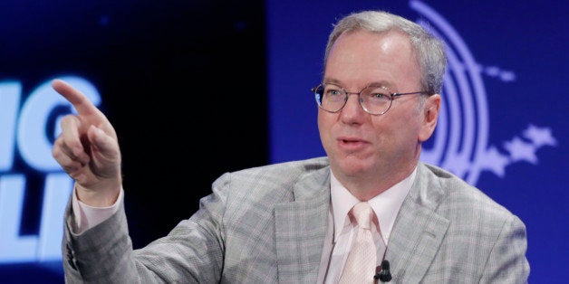 Eric Schmidt, Chairman of Google, participates in the panel discussion "The Pulse of Today's Global Economy" at the Clinton Global Initiative, Thursday, Sept. 26, 2013 in New York. (AP Photo/Mark Lennihan)