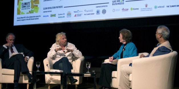 NEW YORK, NY - SEPTEMBER 22: Founder of Virgin Group Sir Richard Branson discusses the interaction between business and climate on a panel with Mary Robinson (second from right), the UN Special Envoy for Climate Change during a New York City Climate Week event at the Morgan Library on September 22, 2014 in New York City. Leaders from all over the world will meet to discuss global warming and evironmental issues ahead of the U.N. summit. (Photo by Michael Graae/Getty Images)