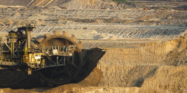 WELZOW, GERMANY - SEPTEMBER 17: Bucket wheel excavator removing soil in the lignite opencast mining Welzow Sued which is operated by Vattenfall Europe Mining AG on September 17, 2014, in Welzow, Germany. The mine produces up to 20 million tons of lignite each year. Photo by Thomas Trutschel/Photothek via Getty Images)***Local Caption***