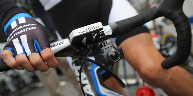 LEEDS, ENGLAND - JULY 05: A small video camera is mounted under the handle bars of one of the riders to provide in race video during stage one of the 2014 Tour de France from Leeds to Harrogate on July 5, 2014 in Leeds, United Kingdom. (Photo by Doug Pensinger/Getty Images)