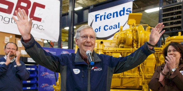 With four days left in Kentucky's combative U.S. Senate race, Senate Minority Leader Mitch McConnell, R-Ky., a 30-year incumbent, makes a final appeal for votes during a stop in Lexington, Ky., Friday, Oct. 31, 2014. The results of the closely watched Kentucky contest will be crucial in the midterm election that could shift the balance of power in Congress. The facility, SRC of Lexington, Inc., is a remanufacturer of engines, drive train components and hydraulics for industrial equipment. Ky. state Senator Alice Forgy Kerr at right. (AP Photo/J. Scott Applewhite)