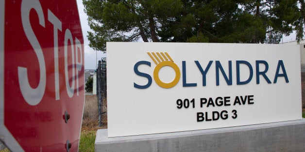 The Solyndra Inc. signage is displayed at the entrance to the headquarters in Fremont, California, U.S., on Monday, Dec. 12, 2011. Solyndra Inc., the bankrupt solar company, is auctioning off more of it's surplus assets on Dec. 13, 2011 as part of its bankruptcy proceedings. Photographer: David Paul Morris/Bloomberg via Getty Images