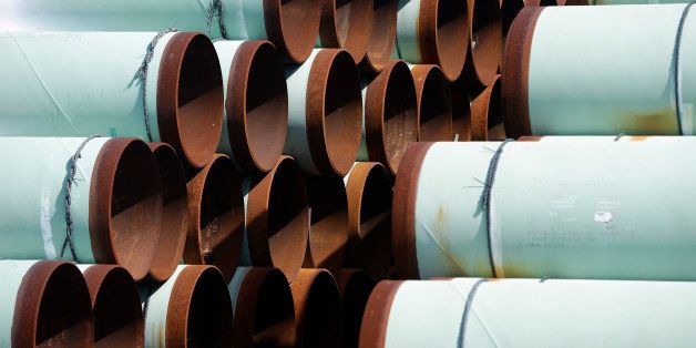 Some of more than 350 miles of pipe awaiting shipment for the Keystone XL oil pipeline is stored at Welspun Tubular, in Little Rock, Ark., Wednesday, Aug. 20, 2014. (AP Photo/Danny Johnston)