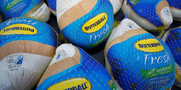 Frozen Butterball Turkeys are shown before being distributed to needy families by boxing promoter Don King during a stop on