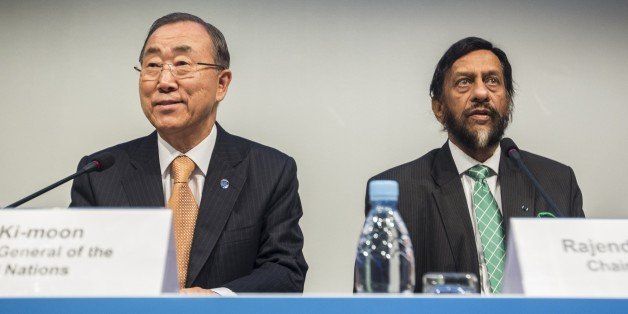 UN Secretary General Ban Ki-Moon (L) and Intergovernmental Panel on Climate Change (IPCC) Chairman Rajendra Pachauri give a press conference to present the AR5 Synthesis Report in Copenhagen on November 2, 2014. The report -- the first overview by the Nobel-winning organisation since 2007 -- comes ahead of UN talks in Lima next month to pave the way to a 2015 pact in Paris to limit warming to a safer 2 C.AFP PHOTO / SCANPIX DENMARK / NIELS AHLMANN OLESEN +++ DENMARK OUT (Photo credit should read Niels Ahlmann Olesen/AFP/Getty Images)