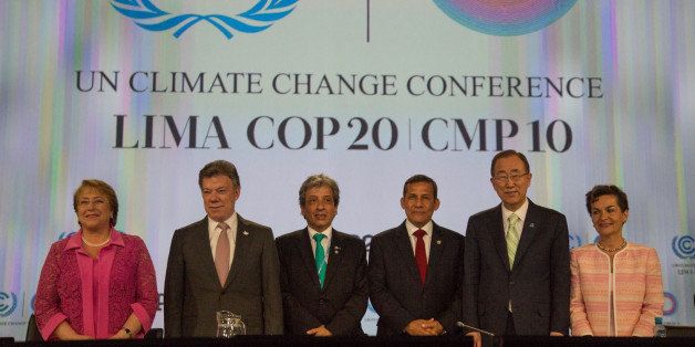 LIMA, PERU - DECEMBER 10: (L-R) Chilean President Michelle Bachellet, Colombian President Juan Manuel Santos, Peruvian Minister of Environment and COP20 President Manuel Pulgar, Peruvian President Ollanta Humala, UN Secretary General Ban Ki-moon and UNFCCC Executive Secretary Christiana Figueres pose during the High-Level Segment of the 20th session of the Conference of the Parties on Climate Change (COP20) in Lima on December 10, 2014. (Photo by Juan Vita/Anadolu Agency/Getty Images)
