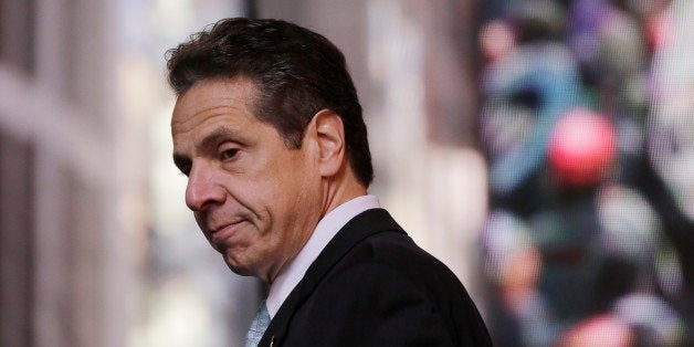 New York incumbent Democratic Gov. Andrew Cuomo looks over a crowd after giving a campaign speech in New York's Times Square,