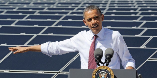 BOULDER CITY, NV - MARCH 21: U.S. President Barack Obama speaks at Sempra U.S. Gas & Power's Copper Mountain Solar 1 facility, the largest photovoltaic solar plant in the United States on March 21, 2012 in Boulder City, Nevada. Obama is on a four-state tour promoting his energy policies. The Copper Mountain solar facility is the largest operating photovoltaic plant operating in the country. (Photo by Ethan Miller/Getty Images)