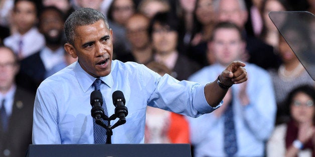 President Barack Obama speaks at the Anschutz Sports Pavilion on the campus of the University of Kansas on Thursday Jan. 22, 2015 in Lawrence, Kan. (John Sleezer/Kansas City Star/TNS via Getty Images)