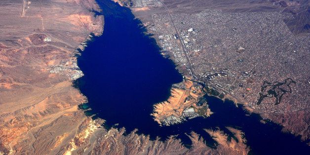LAKE HAVASU CITY, AZ - MAY 12: Aerial view of Lake Havasu and Lake Havasu City, Arizona, on the lake's eastern shore. Havasu Lake, California, is on the western shore. (Photo by Robert Alexander/Getty Images)