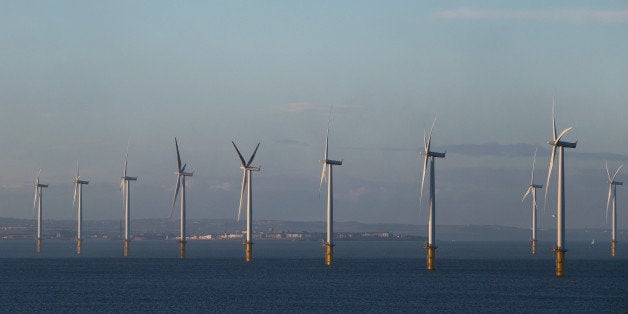 REDCAR, ENGLAND - JANUARY 19: The EDF Energy offshore windfarm sits just off the coastline on January 19, 2015 in Redcar, En