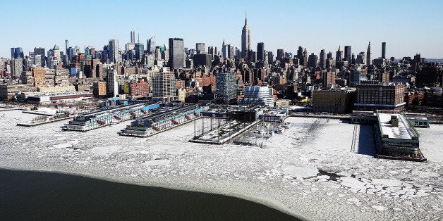 NEW YORK, NY - FEBRUARY 20: Ice floes are viewed along the Hudson River in Manhattan on a frigidly cold day February 20, 201