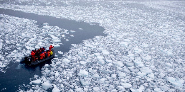 In this Jan. 22, 2015 photo, a zodiac carrying a team of international scientists heads to Chile's station Bernardo O'Higgins, Antarctica. Parts of Antarctica are melting so rapidly it has become âground zero of global climate change without a doubt,â said Harvard geophysicist Jerry Mitrovica. (AP Photo/Natacha Pisarenko)