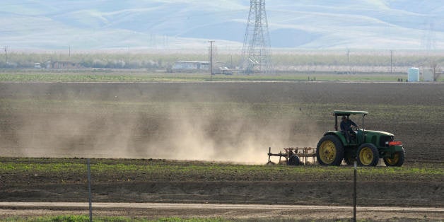 TO GO WITH AFP STORY by TANGI QUEMENER Dust rises as a farmer plows a field in Mendota, California in the state's San Joaquin
