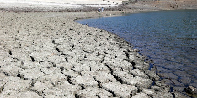 The dry-cracked bed of the Stevens Creek Reservoir is seen on Thursday, March 13, 2014, in Cupertino, Calif. Lack of seasonal rain has meant water shortages for Californians this winter. Gov. Jerry Brown has asked for a 20% reduction in water usage, farmers are forecasting an increase in produce prices and ranchers are being forced to sell cattle at auction at a higher rate. (AP Photo/Marcio Jose Sanchez)