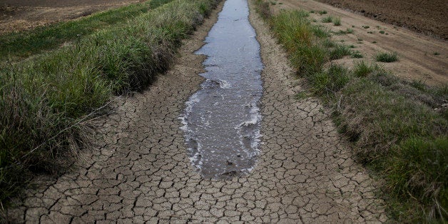 FILE- In this May 1, 2014, file photo, irrigation water runs along a dried-up ditch between rice farms to provide water for the fields in Richvale, Calif. A plan to pump $1 billion of water spending into drought-stricken California cleared the Legislature on Thursday, March 26, 2015, and was sent to Gov. Jerry Brown, who is expected to sign the legislation. (AP Photo/Jae C. Hong, File)