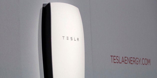Tesla's newest product "Powerwall" is unveiled on stage in Hawthorne, Calif., Thursday, April 30, 2015. Tesla CEO Elon Musk