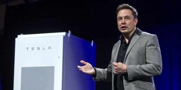 Elon Musk, CEO of Tesla Motors Inc., unveils the company's newest product Powerpack in Hawthorne, Calif., Thursday, April 30,