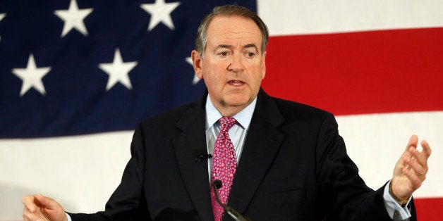 FILE - In this April 18, 2015 file photo, former Arkansas Republican Gov. Mike Huckabee speaks at the Republican Leadership Summit in Nashua, N.H. For Democratic politicians, same-sex marriage has become an easy issue: They're for it. Many Republican VIPs, notably the presidential hopefuls, face a far more complicated landscape. Some of the most conservative contenders such as Sen. Ted Cruz of Texas and Huckabee, are comfortable using forceful language in opposing gay marriage and railing against judges who have struck down state laws against it. (AP Photo/Jim Cole, File)