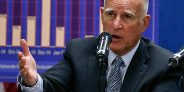 California Gov. Jerry Brown talks about the drought and water restrictions following a meeting with San Diego County officials to discuss continued conservation efforts Tuesday, Aug. 11, 2015, in San Diego. (AP Photo/Lenny Ignelzi)