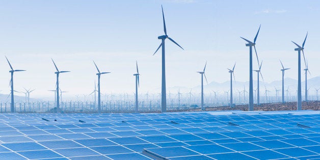 USA, California, Palm Springs, Wind farm and solar panels