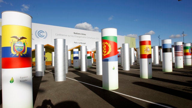 PARIS, FRANCE - NOVEMBER 22: A general view of the main entrance of the Conference on Climate Change COP21 on November 22, 2015 in Le Bourget, France. The climate change conference COP21 will gather 193 countries in Paris from November 30 to December 11, 2015. (Photo by Chesnot/Getty Images)