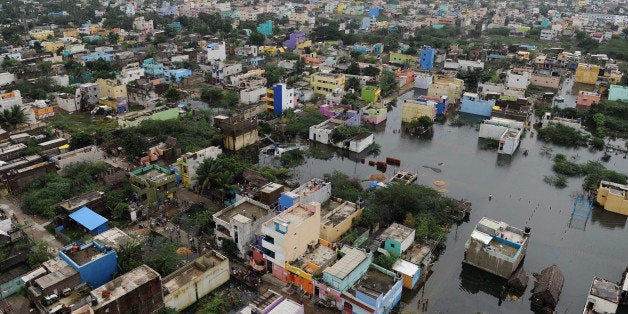 An aerial view from an Indian relief helicopter shows flood affected areas of Chennai on December 5, 2015. Thousands of re