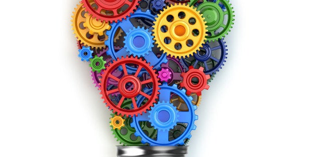 Light bulb and gears. Perpetuum mobile idea concept. 3d