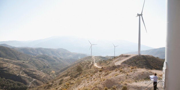 Businessman looking at wind turbines in remote area