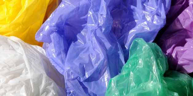 Separated colorful used plastic shopping bags for waste collection