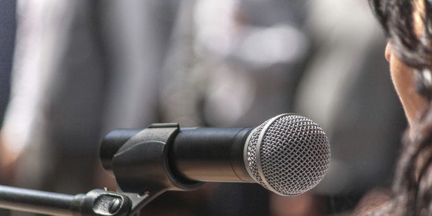 Microphone speaker at the rally, closeup