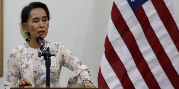 Myanmar Foreign Minister Aung San Suu Kyi speaks during a joint press conference with US Secretary of State John Kerry (not pictured) following their meeting at the Ministry of Foreign Affairs in Myanmar's capital Naypyidaw on May 22, 2016.Kerry met Aung San Suu Kyi for Washington's first high level talks with her new civilian government, offering fresh support to her country's democratic progress after decades of army rule. / AFP / POOL / NYEIN CHAN NAING (Photo credit should read NYEIN CHAN NAING/AFP/Getty Images)