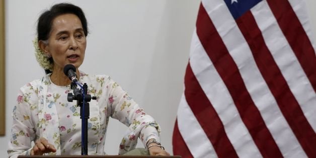 Myanmar Foreign Minister Aung San Suu Kyi speaks during a joint press conference with US Secretary of State John Kerry (not p
