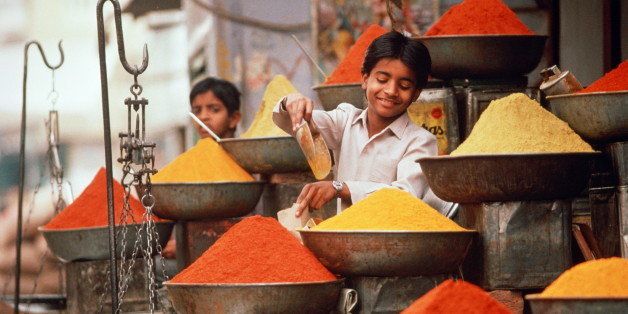 India, Rajasthan, Udaipur, boy selling spices at market