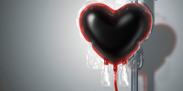 A blood bag looks like heart on the stand. Include a clipping path. 3D render.