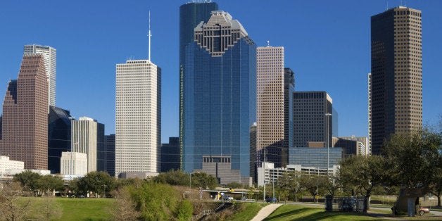 View of the downtown area of Houston from a Buffalo Bayou park.