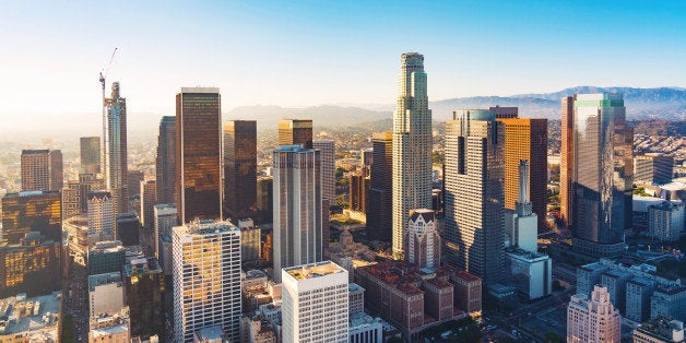 Aerial view of a Downtown Los Angeles at sunset