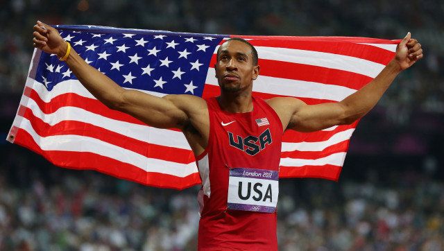 LONDON, ENGLAND - AUGUST 10: Bryshon Nellum of the United States celebrates after winning gold in the Men's 4 x 400m Relay Final on Day 14 of the London 2012 Olympic Games at Olympic Stadium on August 10, 2012 in London, England. (Photo by Alex Livesey/Getty Images)