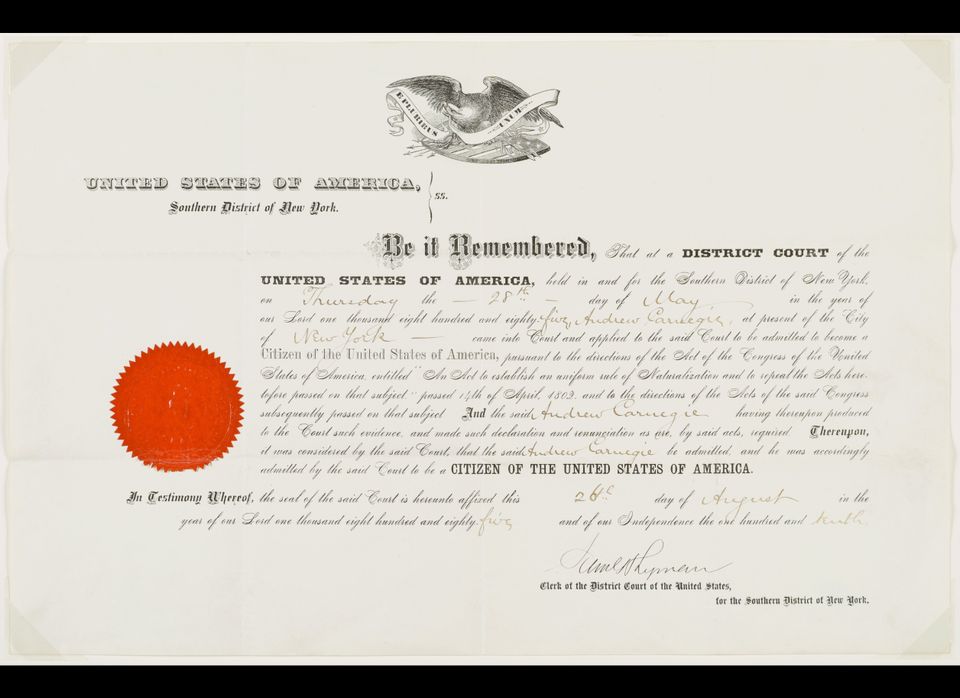 Andrew Carnegie’s Certificate of U.S. Naturalization. 