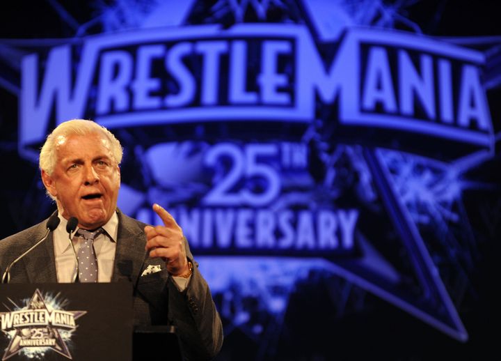 WWE (World Wrestling Entertainment) Hall of Famer Ric Flair speaks during a press conference in New York, March 31, 2009 to promote the 25th Anniversary of WrestleMania to take place at Reliant Stadium in Houston, Texas on April 5th. AFP PHOTO/ TIMOTHY A. CLARY (Photo credit should read TIMOTHY A. CLARY/AFP/Getty Images)